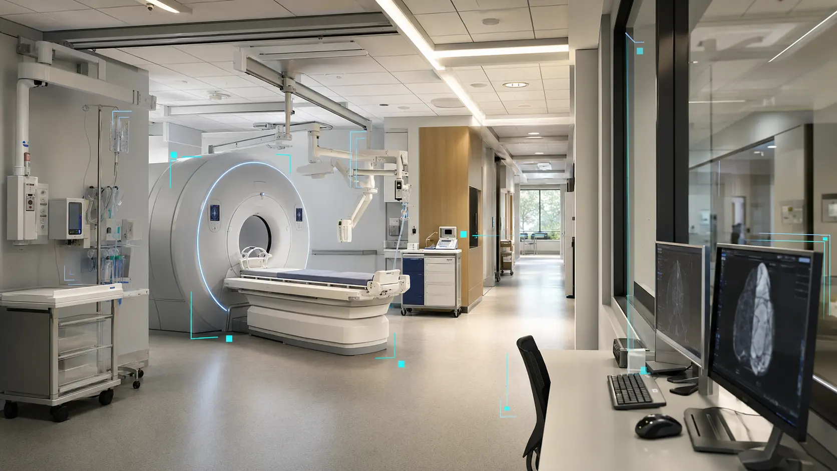Modern facility interior with equipment and facility intelligence overlays