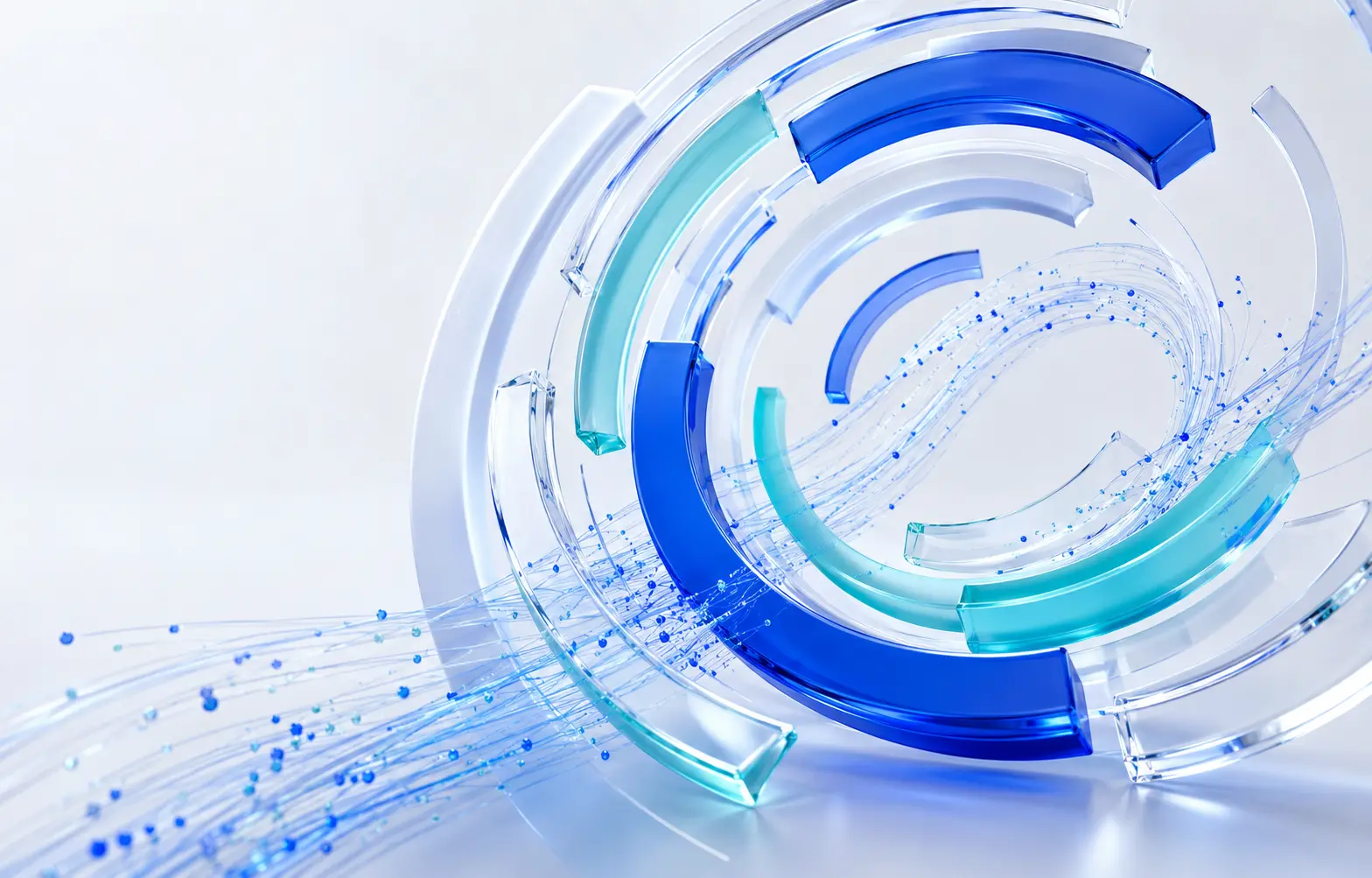 Abstract cobalt and aqua glass forms connected by flowing signals
