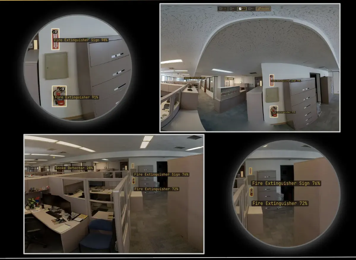 Fire extinguishers detected from multiple facility views with confidence scores
