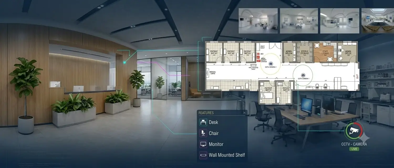 Facility panorama connected to a floor plan and detected assets