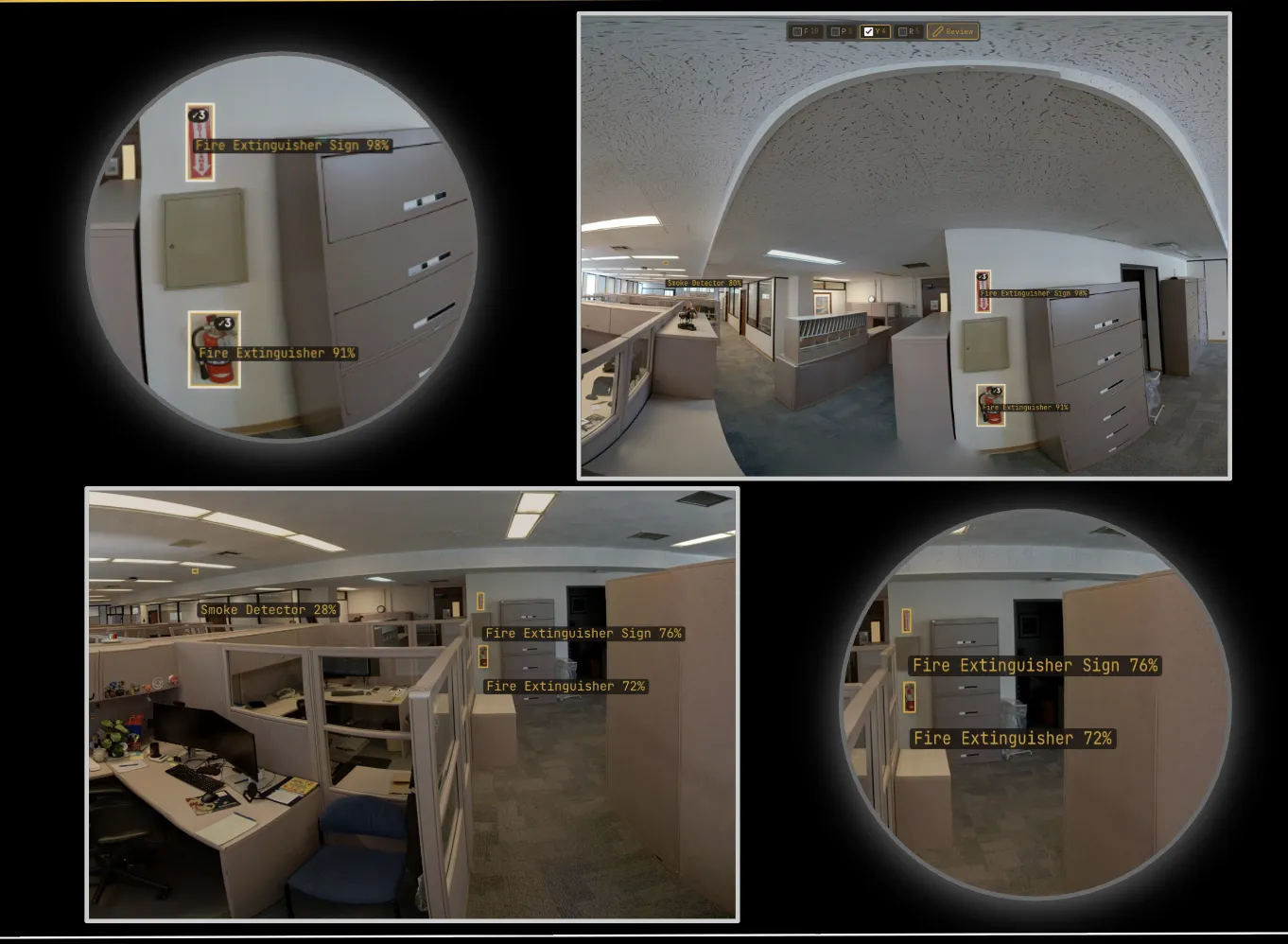 Asset detection across a facility scan with bounding boxes and confidence scores