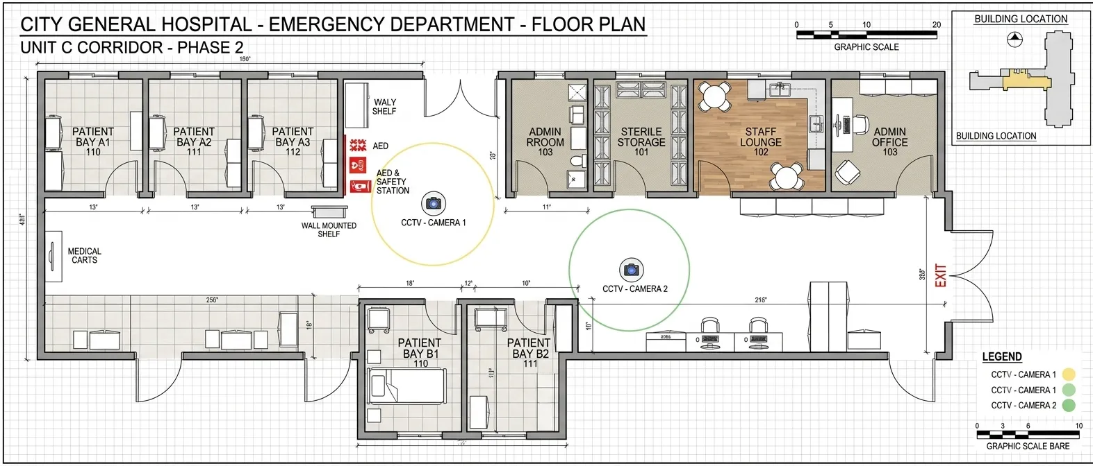 Detected assets mapped onto a building floor plan with coordinates