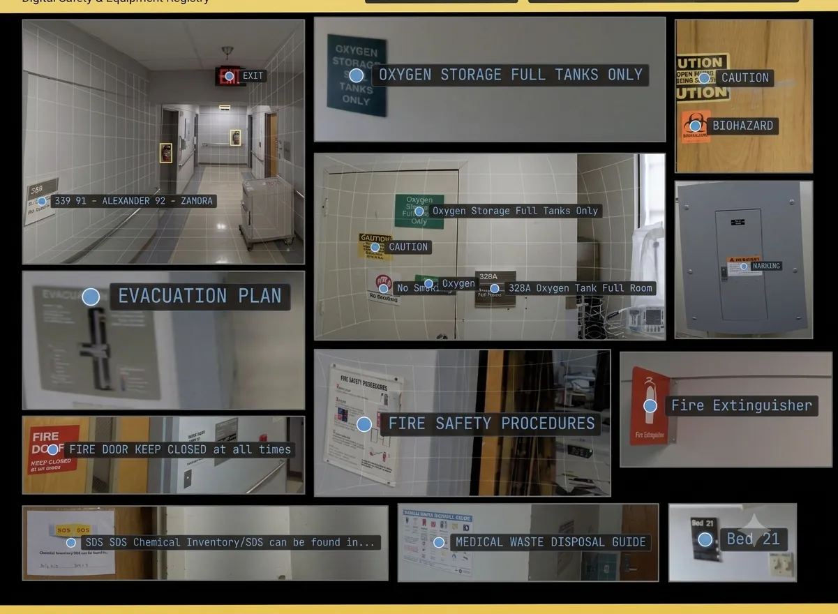 Text recognition reading equipment labels and room numbers from a 360-degree scan