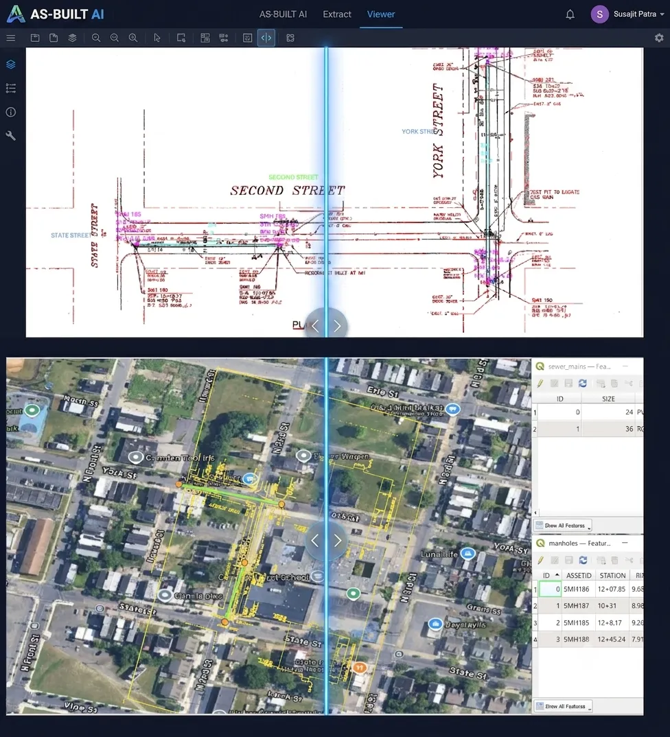 Construction drawing aligned with satellite imagery and GIS attribute tables