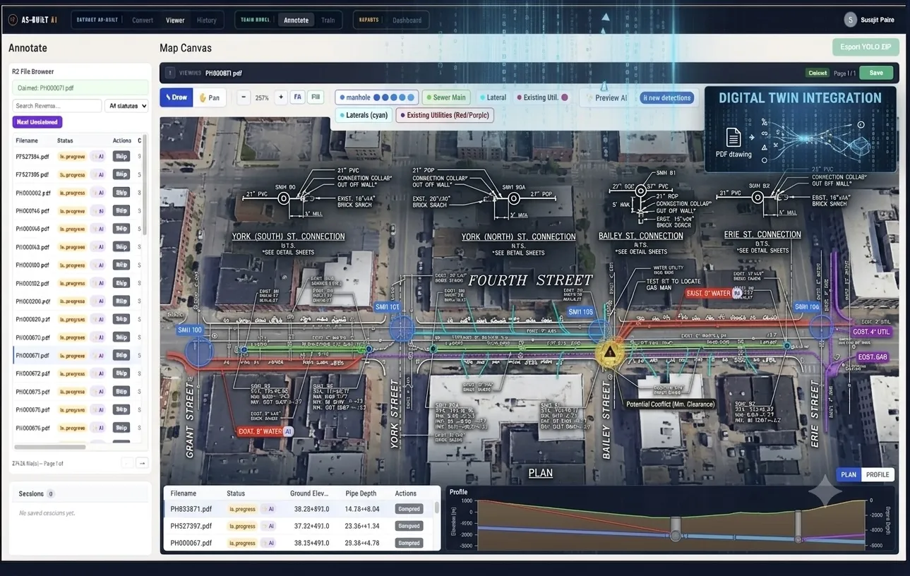 Detected utility features overlaid on satellite imagery with digital twin integration