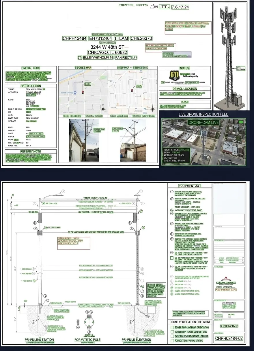 Live drone inspection feed of cell tower with construction drawings and verification checklist
