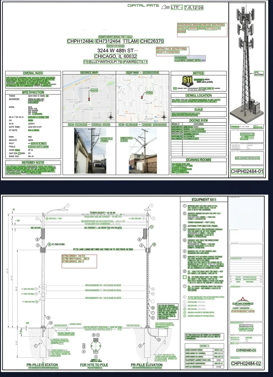Telecom cell site construction drawing showing tower elevation and equipment layout