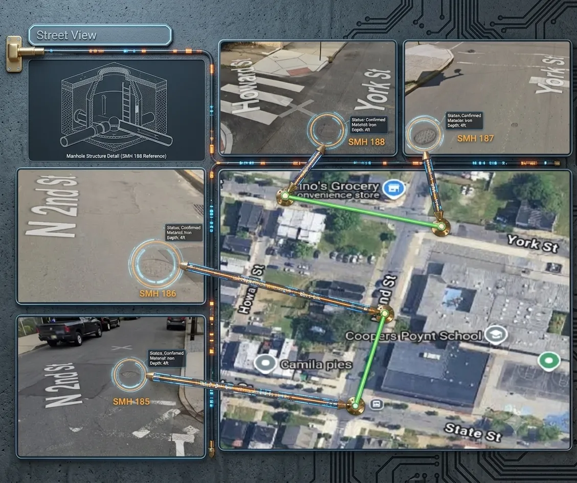 Street view verification showing confirmed manholes with structure details