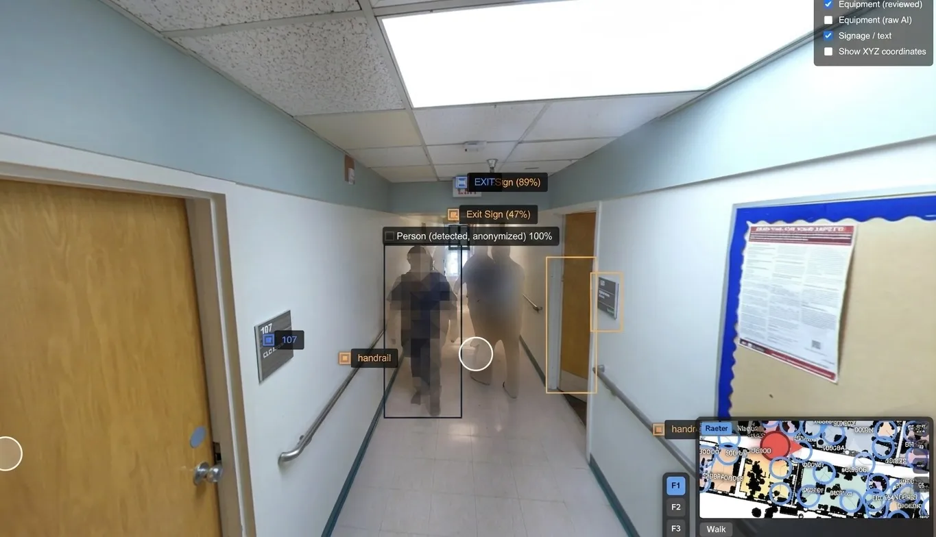 Hospital corridor with people detected and pixelated, room numbers and exit signs identified with confidence scores